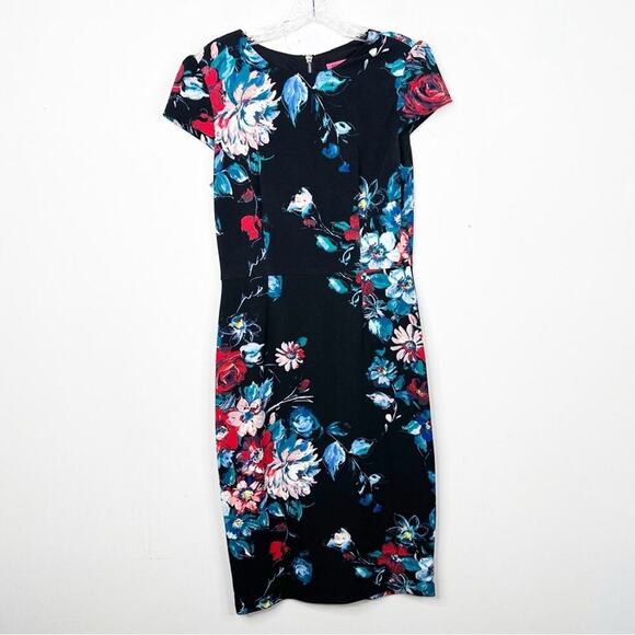 BETSEY JOHNSON | Floral Print Knit Stretch Midi Cap Sleeve Sheath Dress Sz. 6 - Picture 3 of 5